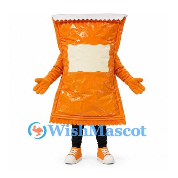 Snack Bag Mascot Costume in Orange with Blank White Label Panel