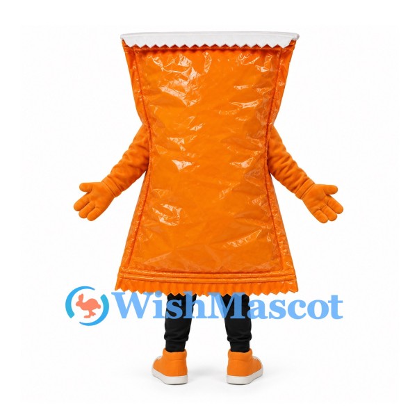 Snack Bag Mascot Costume in Orange with Blank White Label Panel