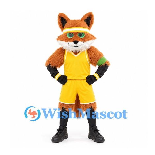 Fox Mascot Costume in Orange with Yellow Basketball Uniform and Headband