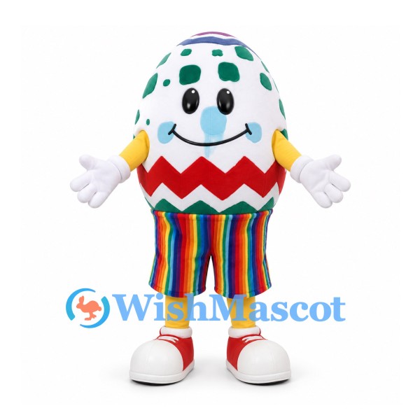 Easter Egg Mascot Costume with Green Spots and Rainbow Striped Shorts