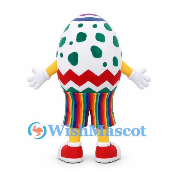 Easter Egg Mascot Costume with Green Spots and Rainbow Striped Shorts