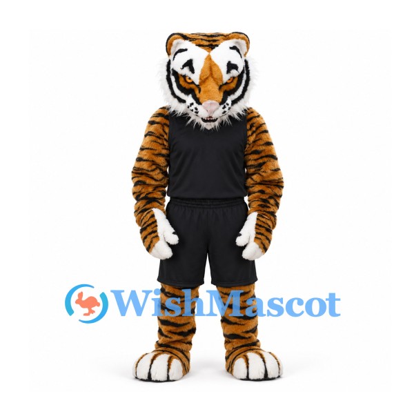 Tiger Mascot Costume with Black Basketball Uniform and White Paws