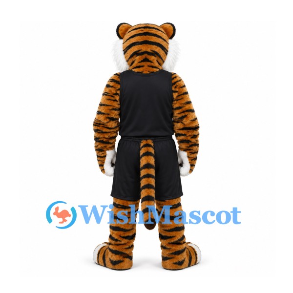 Tiger Mascot Costume with Black Basketball Uniform and White Paws