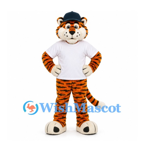 Tiger Mascot Costume with Navy Cap and White Shirt