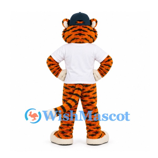 Tiger Mascot Costume with Navy Cap and White Shirt