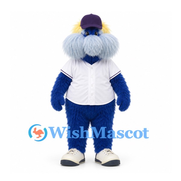 Blue Monster Mascot Costume with Shaggy Moustache and White Baseball Shirt
