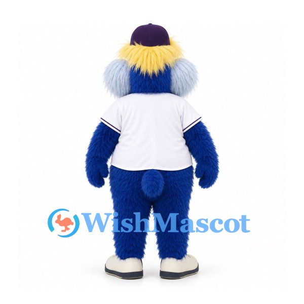 Blue Monster Mascot Costume with Shaggy Moustache and White Baseball Shirt