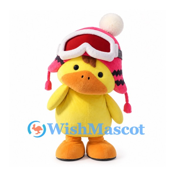 Duck Mascot Costume in Yellow with Pink Winter Hat and Ski Goggles