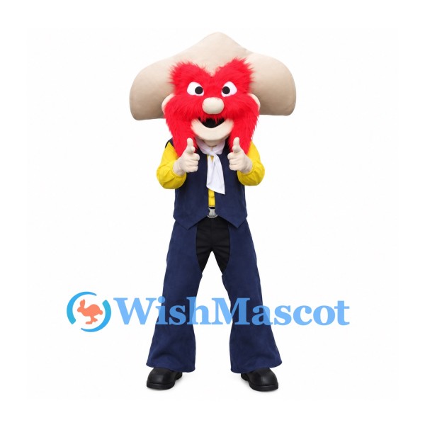 Cowboy Mascot Costume with Red Beard and Cream Hat and Navy Vest