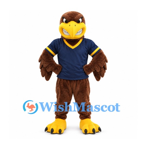 Eagle Mascot Costume in Brown with Navy and Yellow Sports Shirt