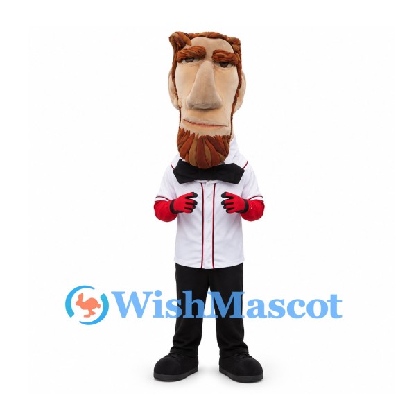 Bearded Gentleman Mascot Costume with White Baseball Shirt and Black Bow Tie