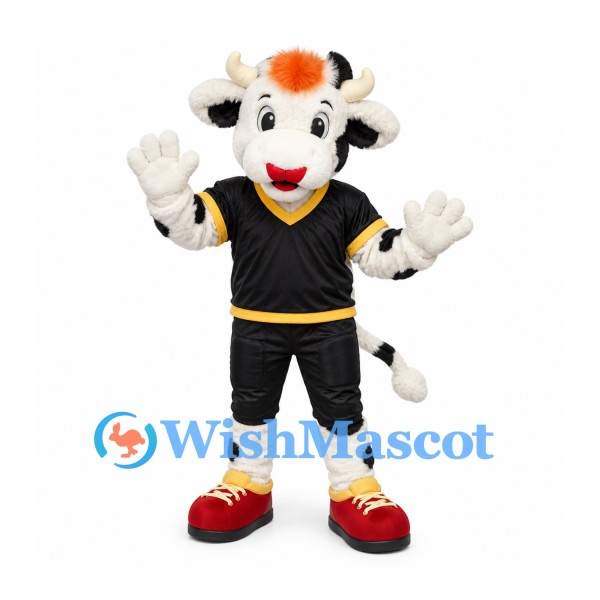 Cow Mascot Costume in Black and White with Black Sports Uniform