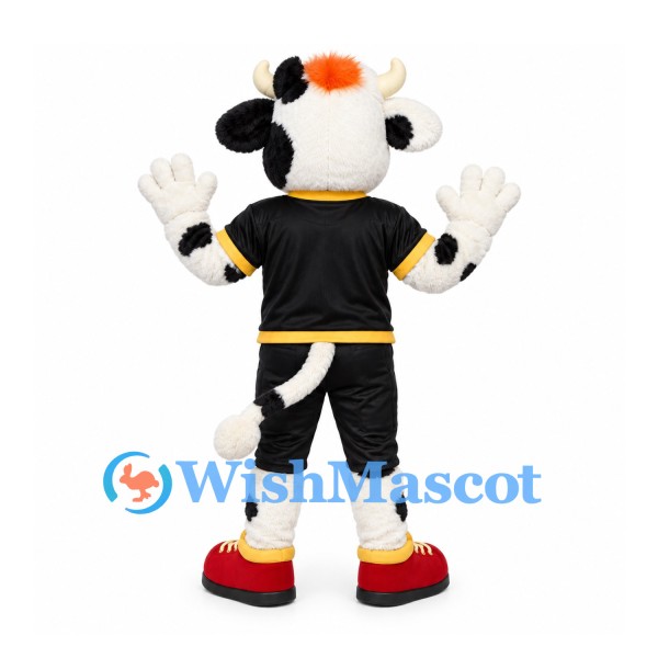 Cow Mascot Costume in Black and White with Black Sports Uniform