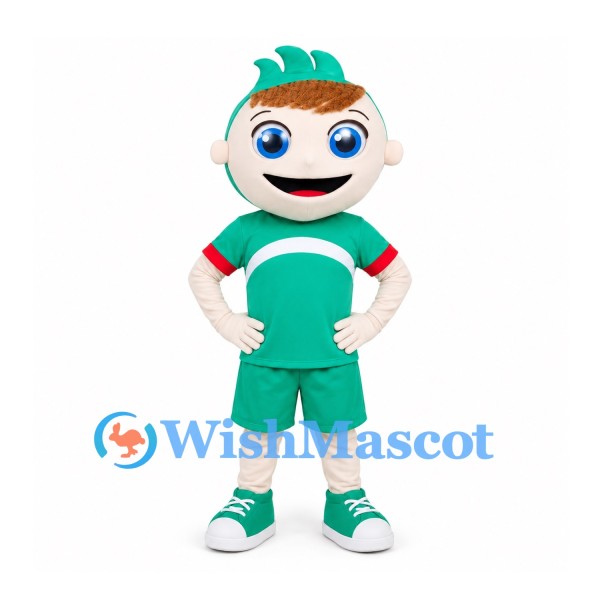 Boy Mascot Costume with Green Crest Hood and Green Sports Uniform