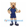 Terrier Dog Mascot Costume in Tan with Navy and Yellow Sports Uniform