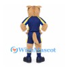 Terrier Dog Mascot Costume in Tan with Navy and Yellow Sports Uniform