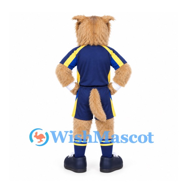 Terrier Dog Mascot Costume in Tan with Navy and Yellow Sports Uniform