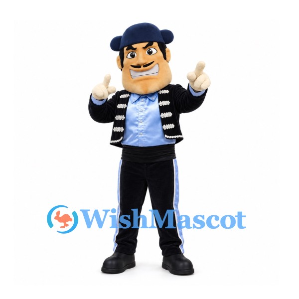 Matador Mascot Costume with Navy Hat and Black Embroidered Jacket