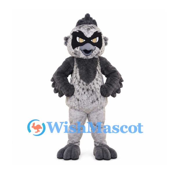 Masked Bird Mascot Costume in Gray with Black Crest and Wings