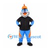 Fish Mascot Costume in Blue with Orange Crested Helmet and Black Shirt