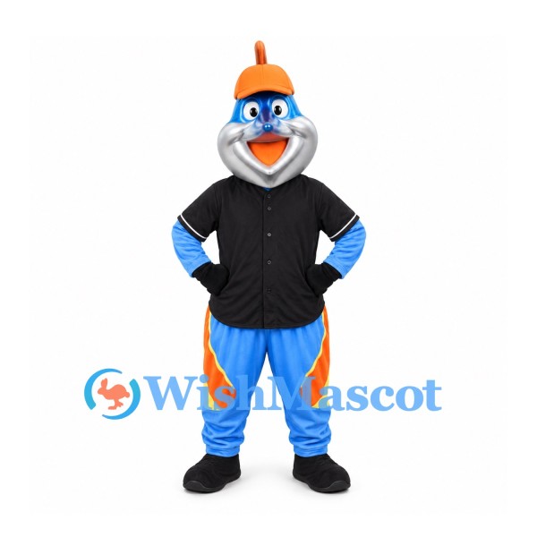 Fish Mascot Costume in Blue with Orange Crested Helmet and Black Shirt