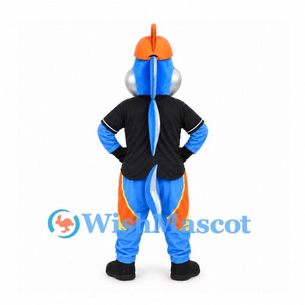 Fish Mascot Costume in Blue with Orange Crested Helmet and Black Shirt