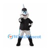 Fish Mascot Costume in Silver and Blue with Black Cap and Shirt