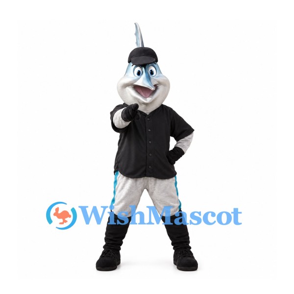 Fish Mascot Costume in Silver and Blue with Black Cap and Shirt