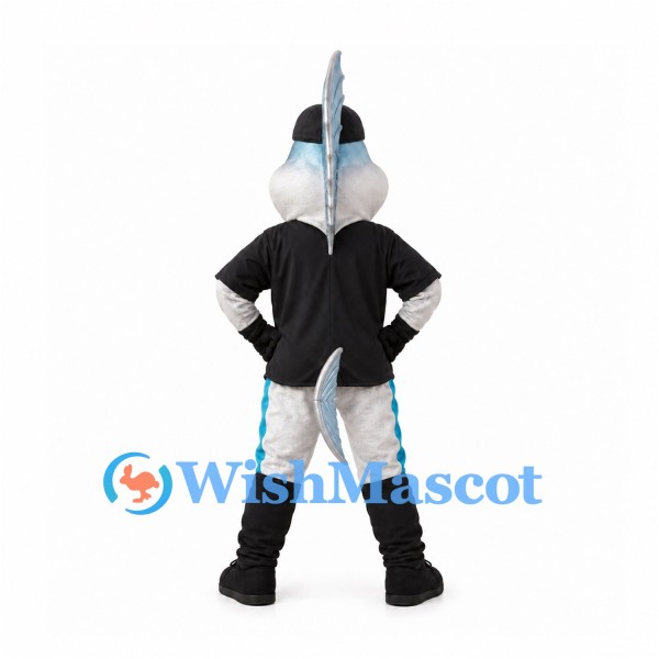 Fish Mascot Costume in Silver and Blue with Black Cap and Shirt