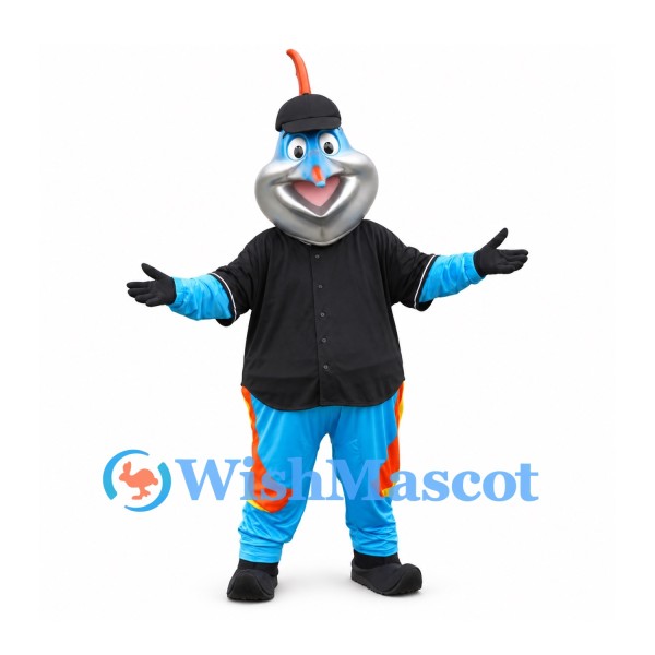 Fish Mascot Costume in Blue and Orange with Black Cap and Shirt