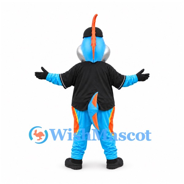 Fish Mascot Costume in Blue and Orange with Black Cap and Shirt
