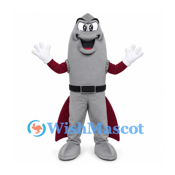 Rocket Mascot Costume in Gray with Burgundy Cape