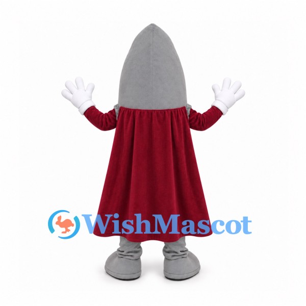 Rocket Mascot Costume in Gray with Burgundy Cape