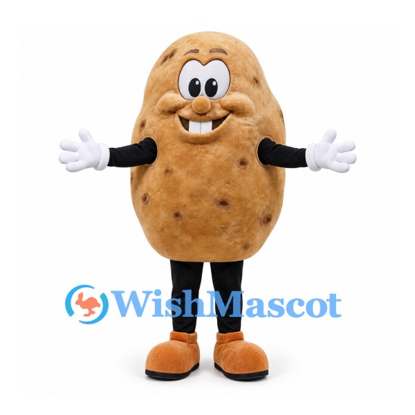 Potato Mascot Costume in Brown with Smiling Face and White Gloves