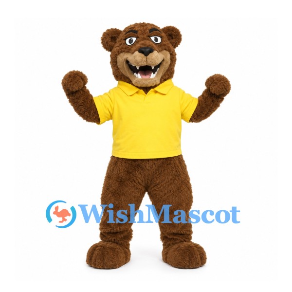 Bear Mascot Costume in Brown with Yellow Polo Shirt
