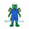 Dragon Mascot Costume in Green with Orange Wings and Blue Uniform