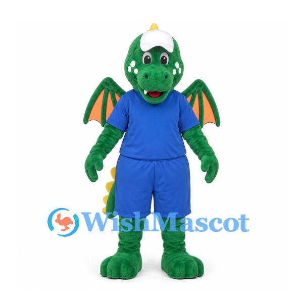 Dragon Mascot Costume in Green with Orange Wings and Blue Uniform