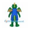 Dragon Mascot Costume in Green with Orange Wings and Blue Uniform