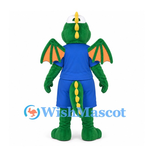 Dragon Mascot Costume in Green with Orange Wings and Blue Uniform