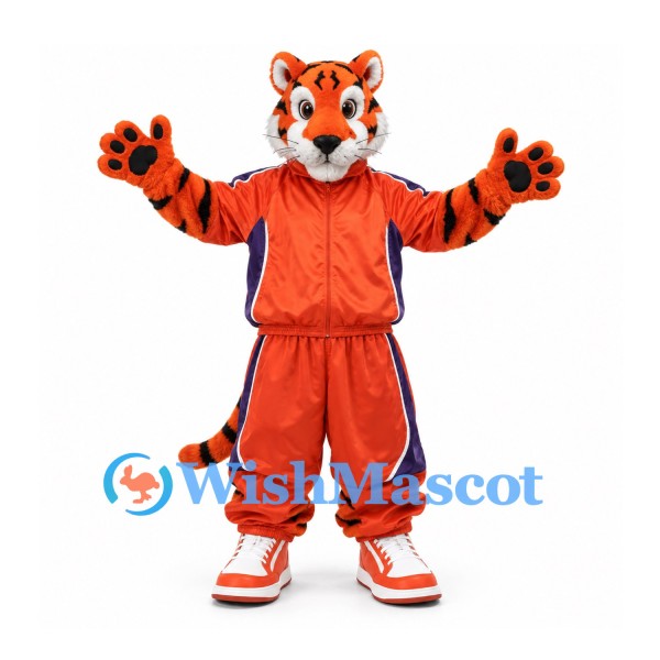 Tiger Mascot Costume with Orange Tracksuit and Red Sneakers