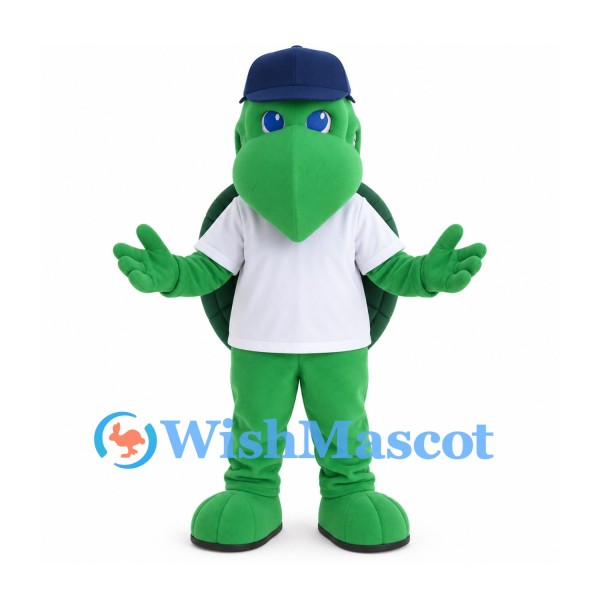 Turtle Mascot Costume in Green with Navy Cap and White Shirt
