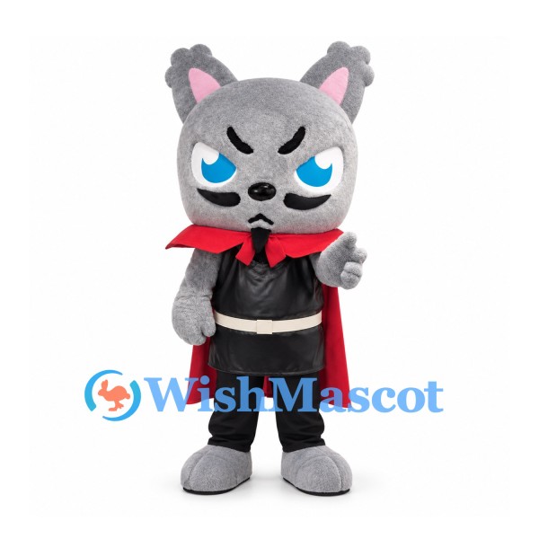 Wolf Mascot Costume in Gray with Red Cape and Black Outfit