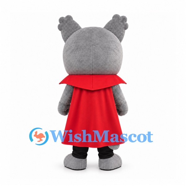 Wolf Mascot Costume in Gray with Red Cape and Black Outfit