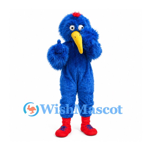 Blue Bird Mascot Costume with Long Yellow Beak and Red Sneakers