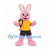 Rabbit Mascot Costume in Pink with Yellow Shirt and Backpack Cylinder