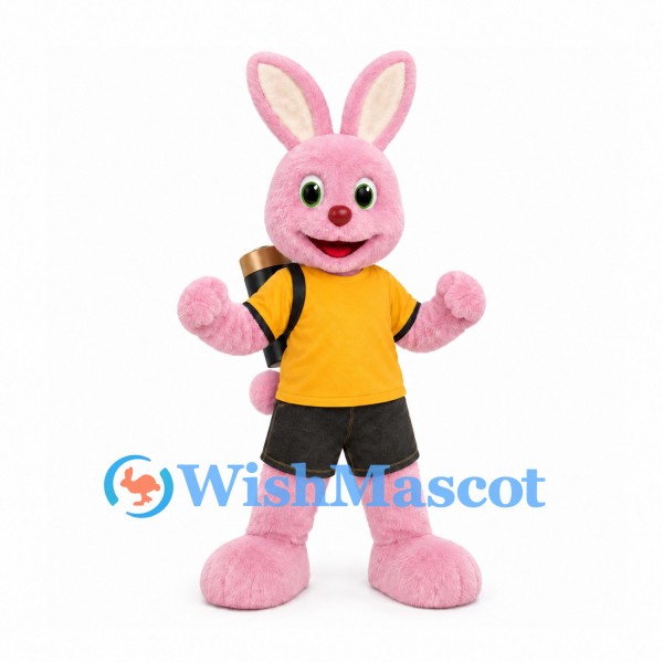 Rabbit Mascot Costume in Pink with Yellow Shirt and Backpack Cylinder