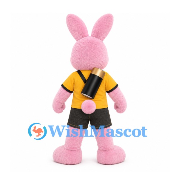 Rabbit Mascot Costume in Pink with Yellow Shirt and Backpack Cylinder