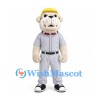 Bulldog Mascot Costume in Cream with Yellow Cap and Gray Baseball Uniform