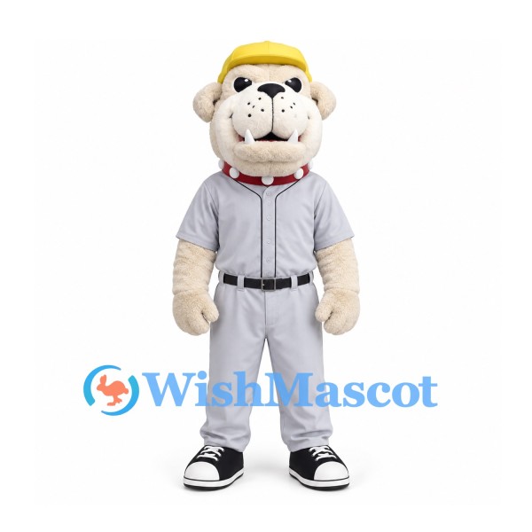 Bulldog Mascot Costume in Cream with Yellow Cap and Gray Baseball Uniform