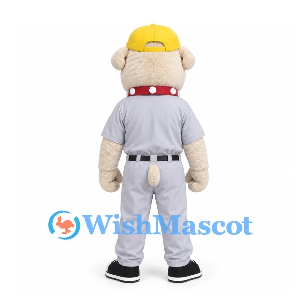 Bulldog Mascot Costume in Cream with Yellow Cap and Gray Baseball Uniform